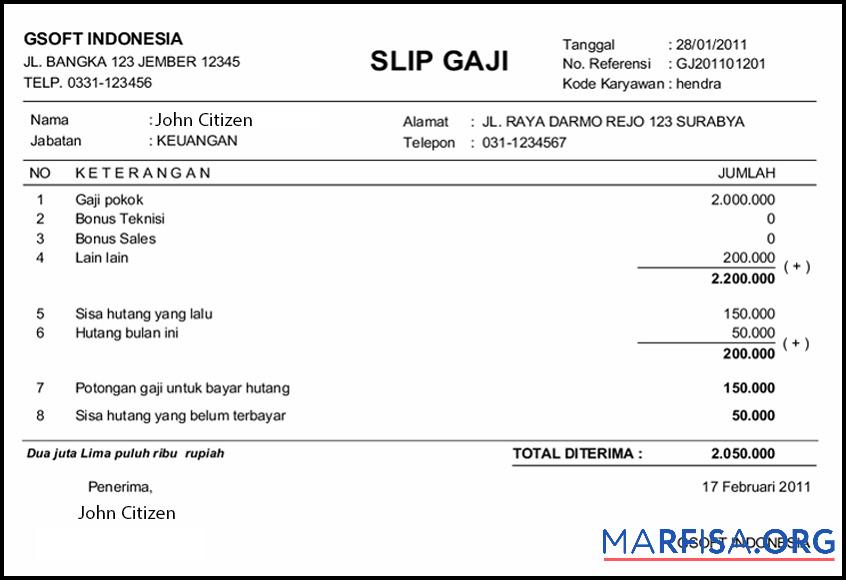 Printable Indonesia Gsoft payslip in Word in PDF formats real example